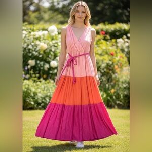 Flying Tomato Pink and Orange Colorblock Tiered Sleeveless Maxi Dress XSmall